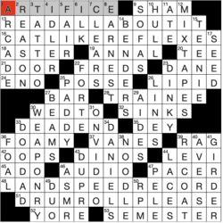 Answer grid for Los Angeles Times crossword 3/28/26 by Grant Conley